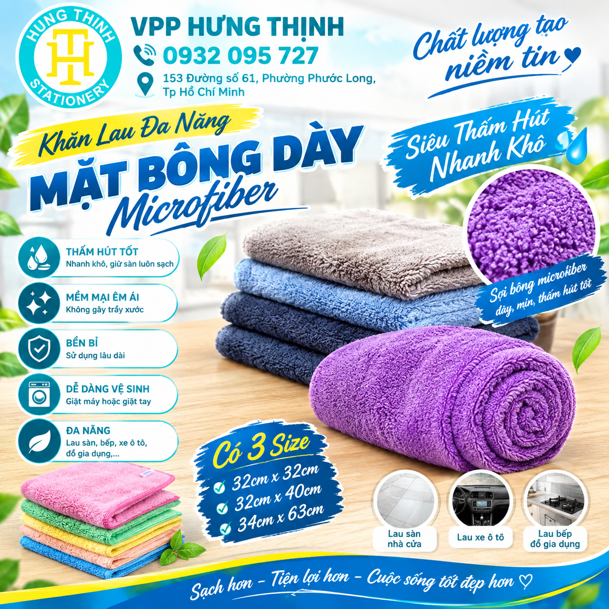 Khăn Lau Đa Năng Mặt Bông Dày Microfiber – Thấm Hút Tốt, Nhanh Khô