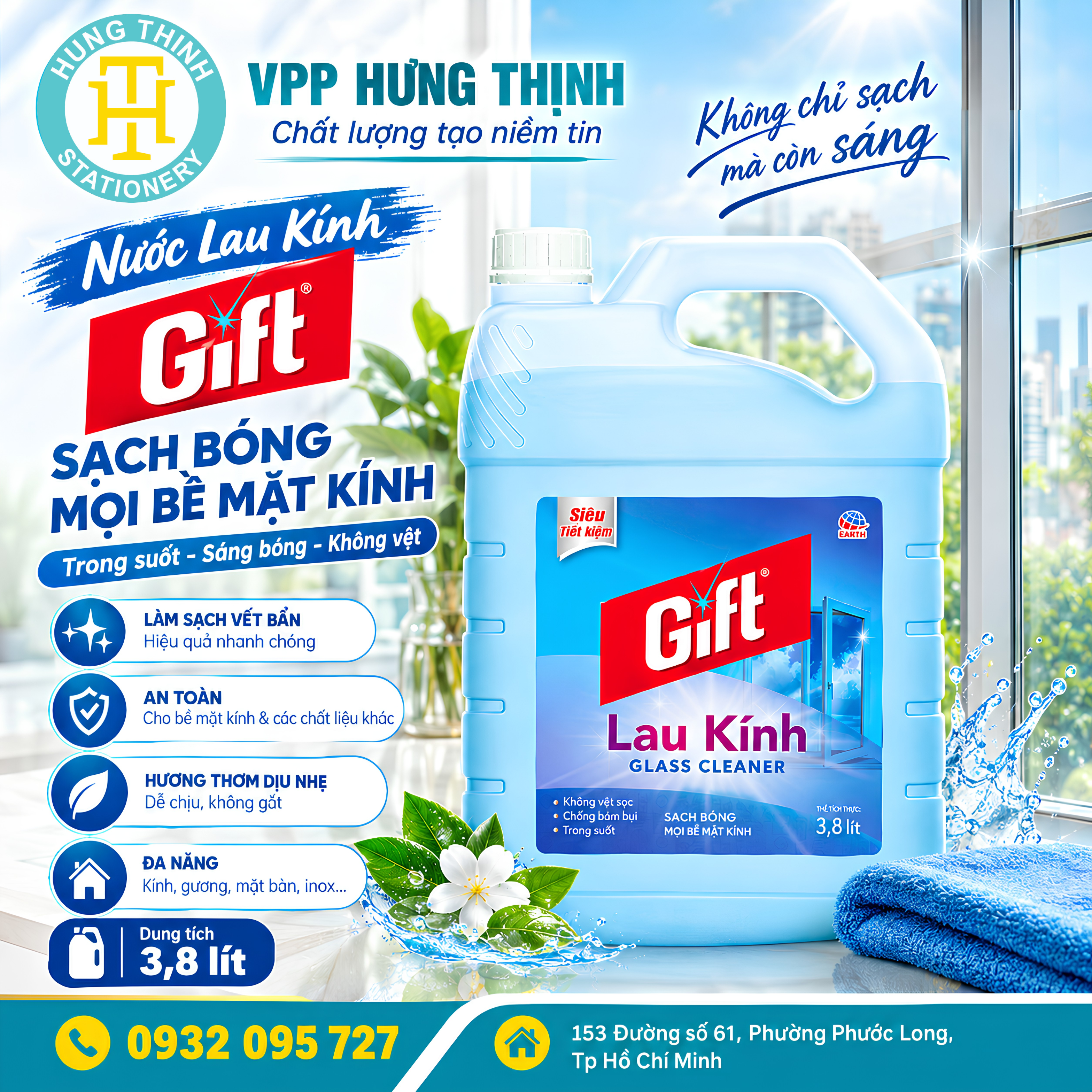 Nước Lau Kính Gift 3,8 Lít – Sạch Bóng Mọi Bề Mặt Kính