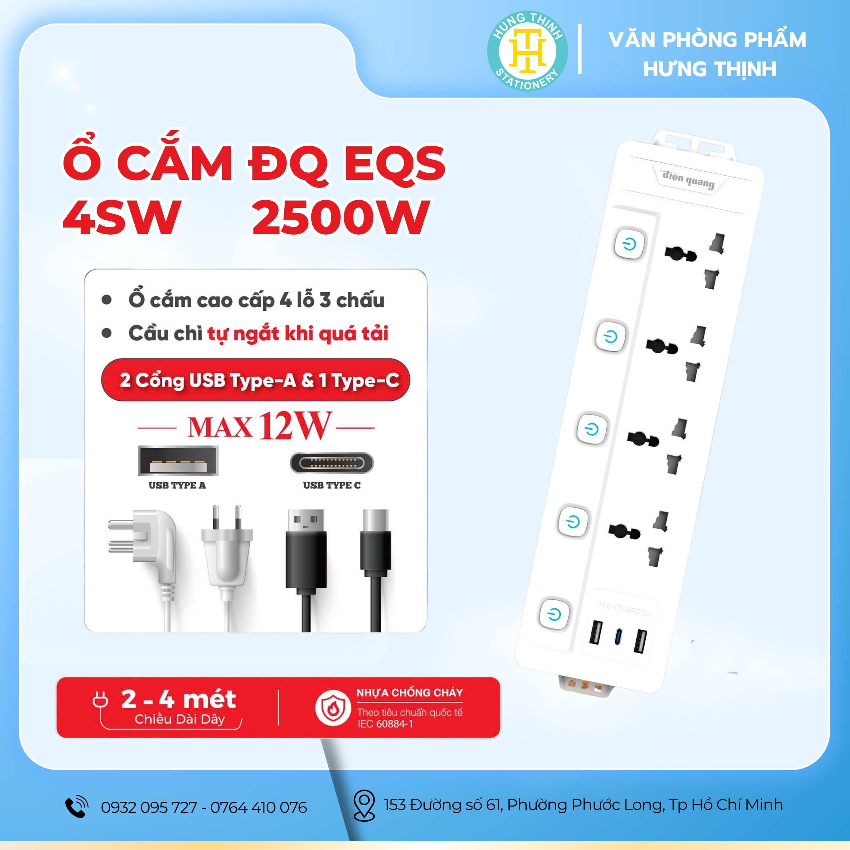 Ổ Cắm Điện Điện Quang EQS 4SW 2500W 4 Ổ Cắm Đa Năng USB